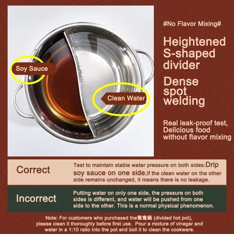 28cm Stainless Steel Twin Divided Double Pot Hotpot Cooker Chinese Hot Pot for Gas Stove Kitchen Soup Cooking