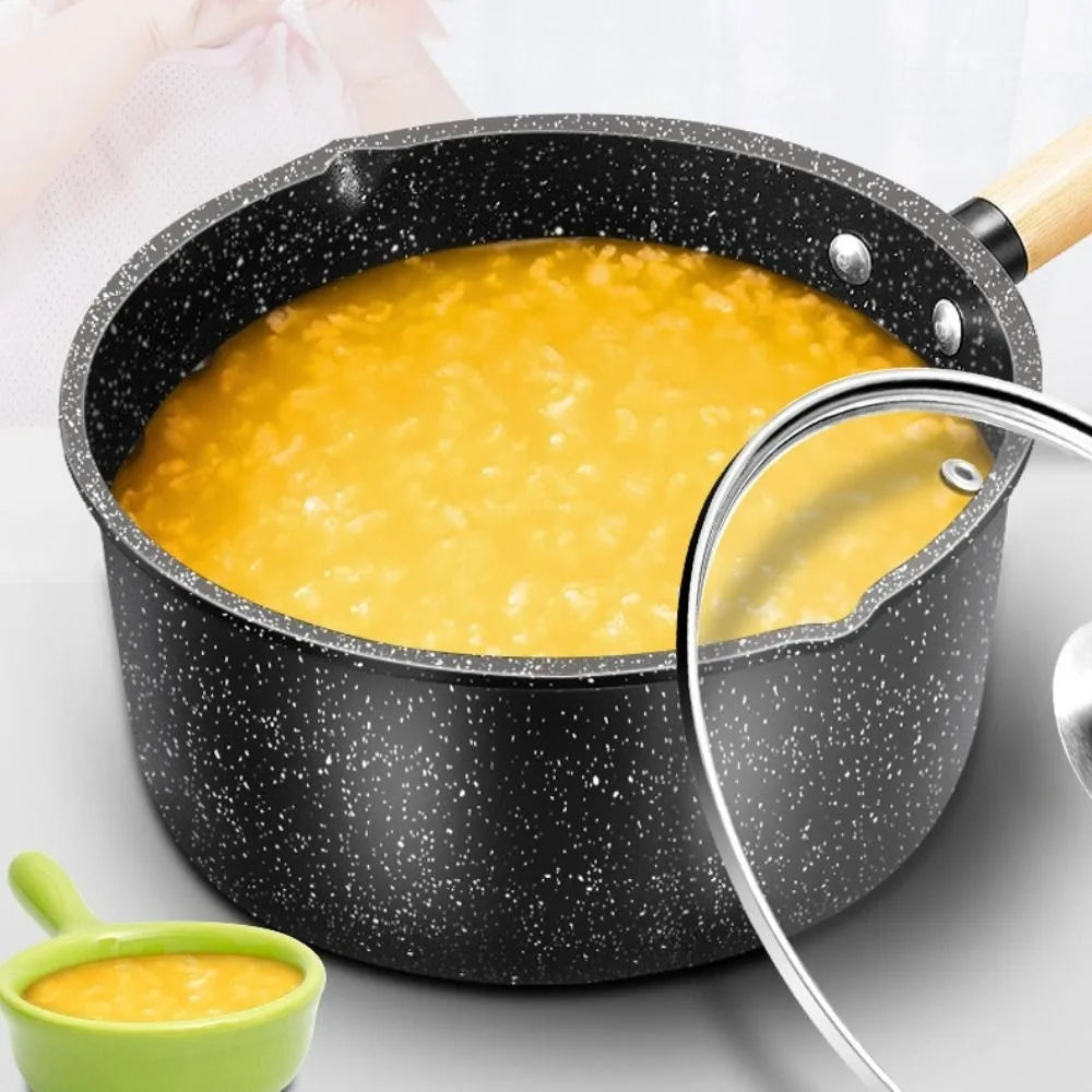 Household Wooden Handle Japanese Style Saucepan Glass Lid Non-stick Milk Pot Lightweight Diversion Design Cooking Pot Porridge