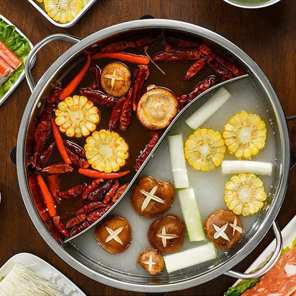 28cm Stainless Steel Twin Divided Double Pot Hotpot Cooker Chinese Hot Pot for Gas Stove Kitchen Soup Cooking